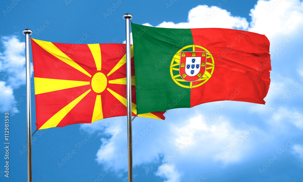 Macedonia flag with Portugal flag, 3D rendering Macedonia flag with Portugal flag, 3D rendering