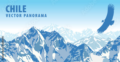 vector panorama of Chile, mountains with Andean condor