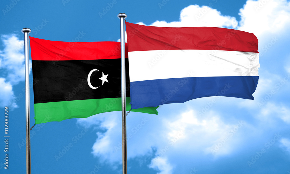 Libya flag with Netherlands flag, 3D rendering Libya flag with Netherlands flag, 3D rendering