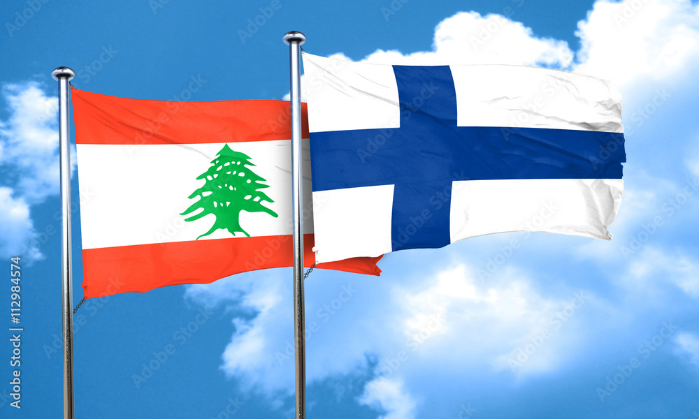 Lebanon flag with Finland flag, 3D rendering