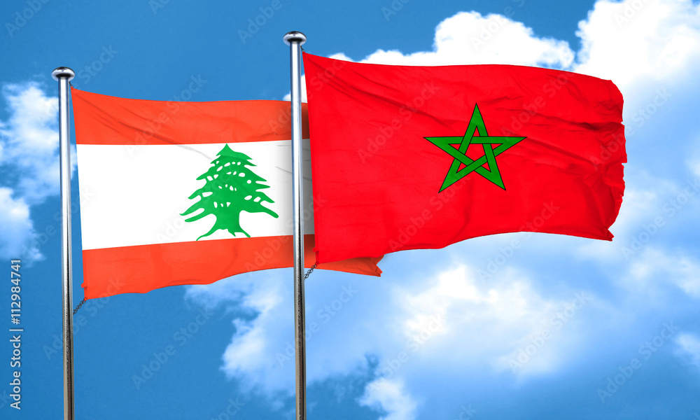 Lebanon flag with Morocco flag, 3D rendering