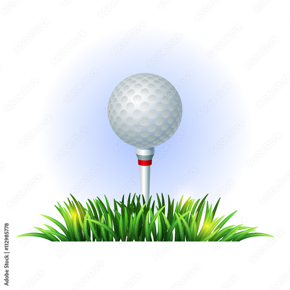 Golf ball on white tee and green grass Golf ball on white tee and green grass