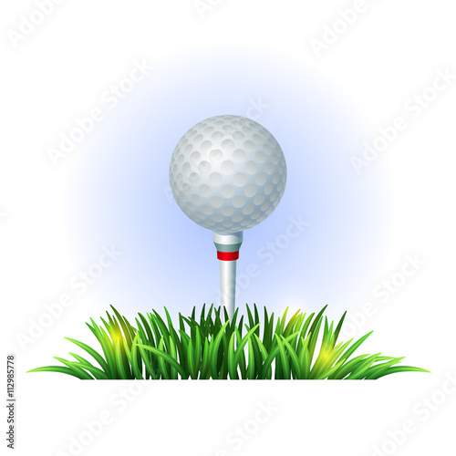 Golf ball on white tee and green grass