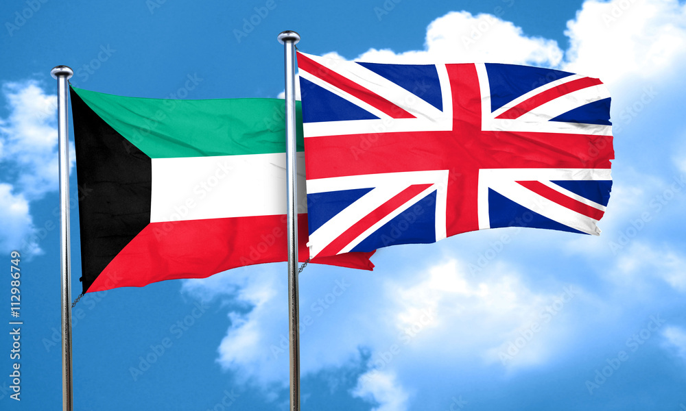 Kuwait flag with Great Britain flag, 3D rendering