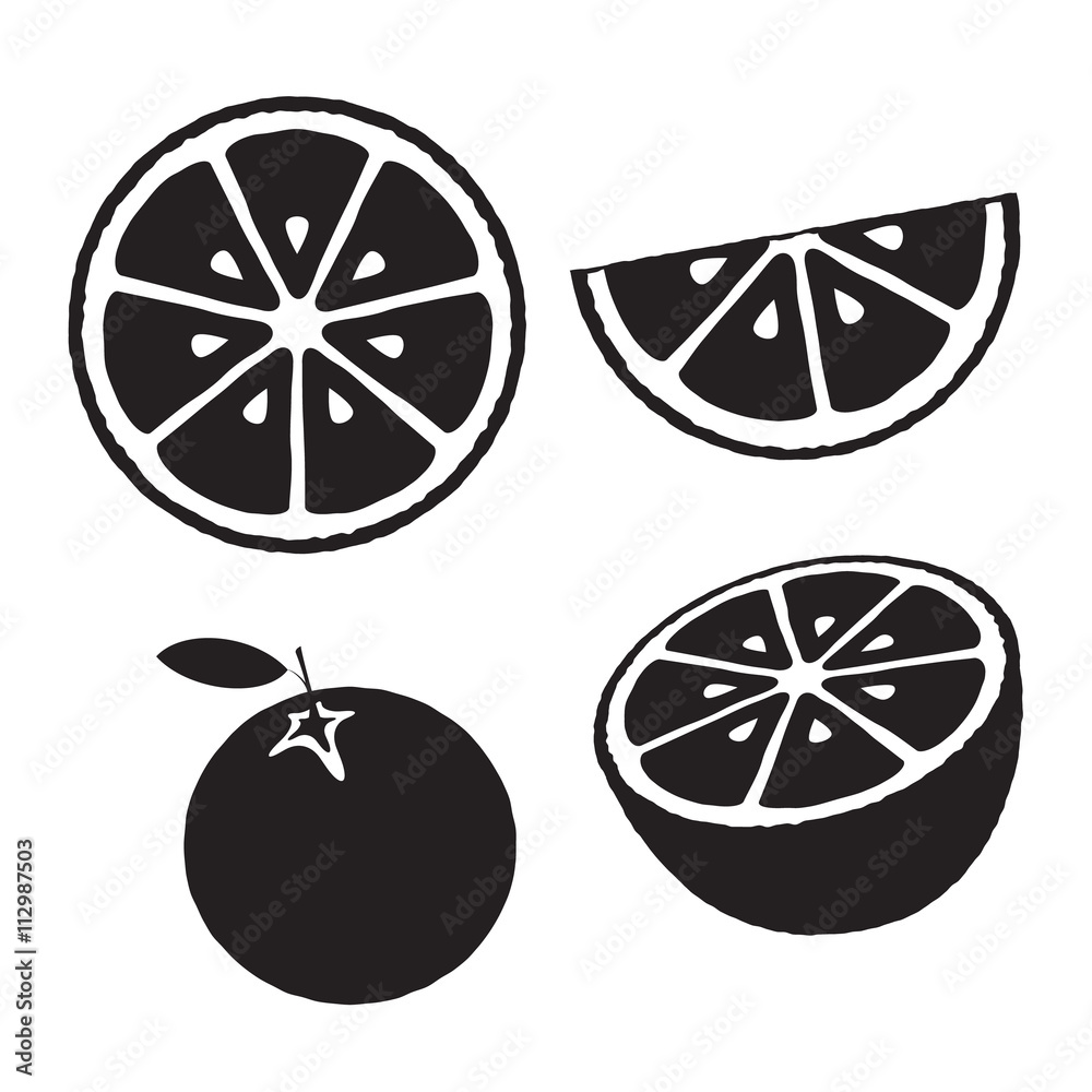 Collection of oranges, icons set, black isolated on white background, vector illustration. Collection of oranges, icons set, black isolated on white background, vector illustration.