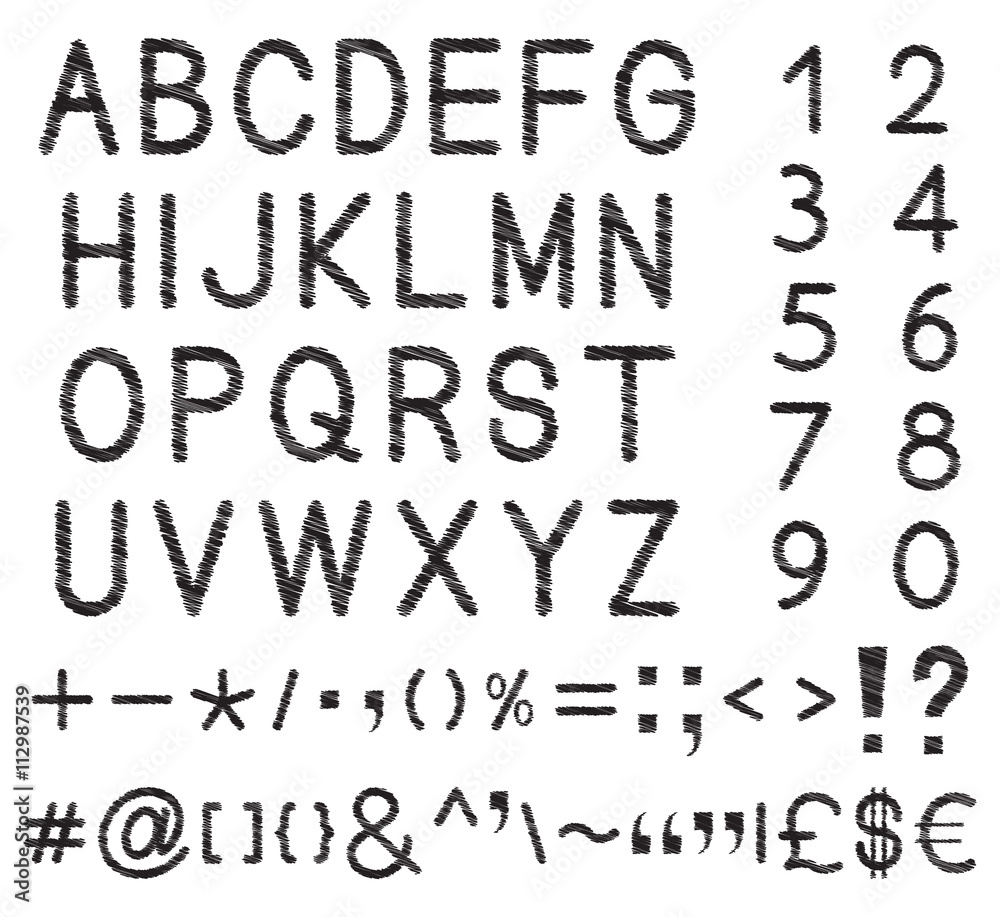 Latin alphabet letters with set of numbers 1, 2, 3, 4, 5, 6, 7, 8, 9, 0, maths, currencies and punctuation signs, black isolated on white background, vector illustration. Latin alphabet letters with set of numbers 1, 2, 3, 4, 5, 6, 7, 8, 9, 0, maths, currencies and punctuation signs, black isolated on white background, vector illustration.