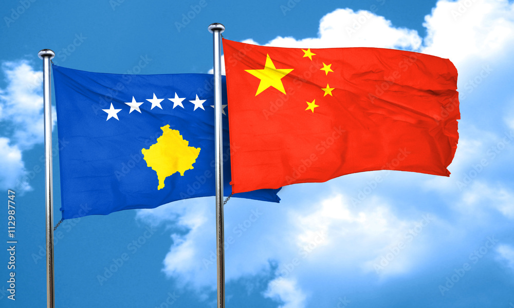Kosovo flag with China flag, 3D rendering Kosovo flag with China flag, 3D rendering
