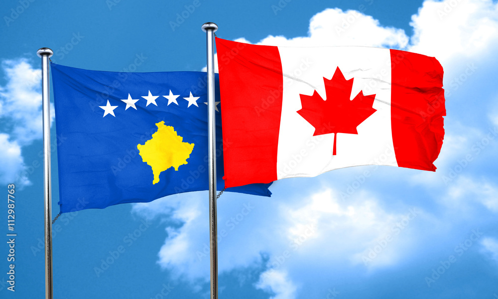 Kosovo flag with Canada flag, 3D rendering Kosovo flag with Canada flag, 3D rendering