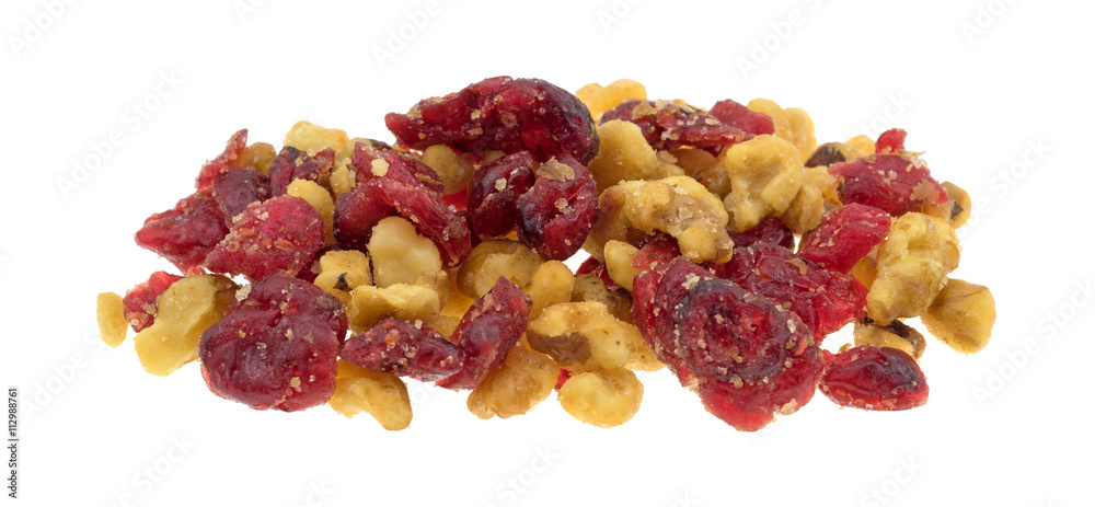 Portion of cranberries and walnuts isolated on a white background side view. Portion of cranberries and walnuts isolated on a white background side view.