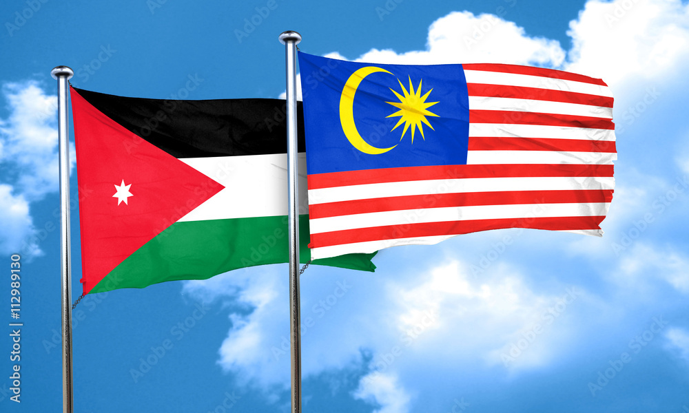 Jordan flag with Malaysia flag, 3D rendering Jordan flag with Malaysia flag, 3D rendering