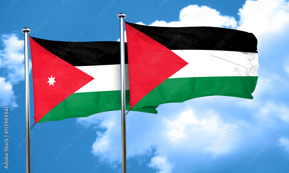 Jordan flag with Palestine flag, 3D rendering Jordan flag with Palestine flag, 3D rendering