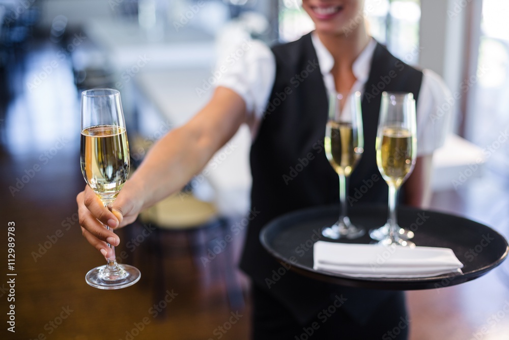 Mid section of waitress offering a glass of champagne 