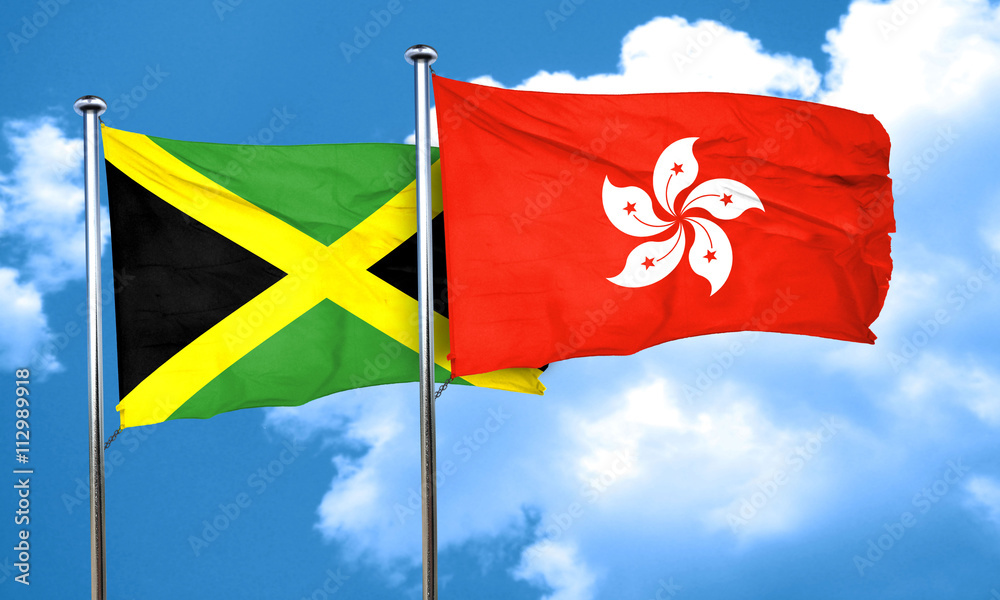 Jamaica flag with Hong Kong flag, 3D rendering Jamaica flag with Hong Kong flag, 3D rendering