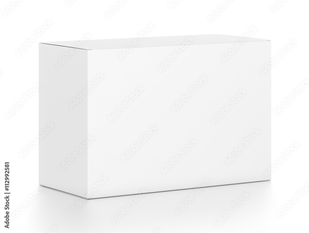 White wide horizontal rectangle box from top front side angle. White wide horizontal rectangle box from top front side angle.