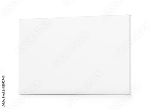 White wide thin rectangle box from front far side angle. © Mockup Cake