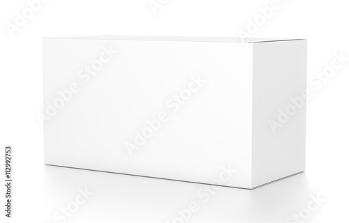 White wide horizontal rectangle blank box from side angle.