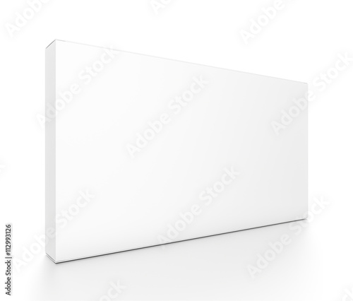 White wide thin horizontal rectangle box from front side angle. © Mockup Cake