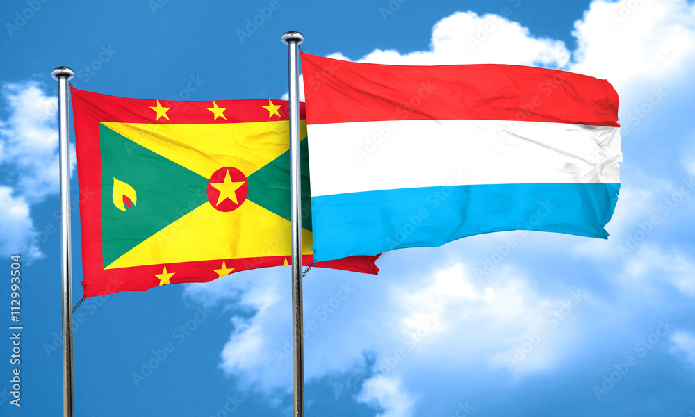 Grenada flag with Luxembourg flag, 3D rendering Grenada flag with Luxembourg flag, 3D rendering