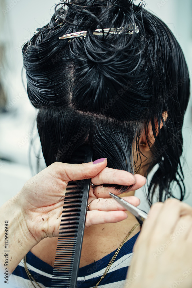 Naklejka premium Closeup macro shot image of hairstylist hairdresser cutting customer woman hair in salon with scissors and comb, look from back behind