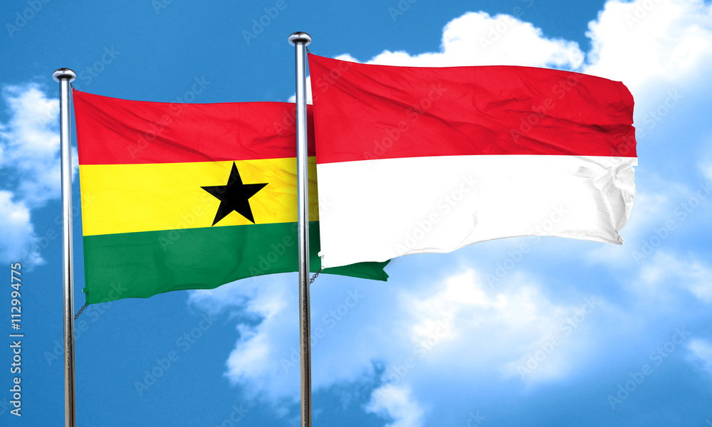 Ghana flag with Indonesia flag, 3D rendering Ghana flag with Indonesia flag, 3D rendering