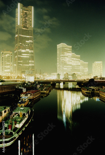 Harbor and cityscape at night, Yokohama, Japan photo