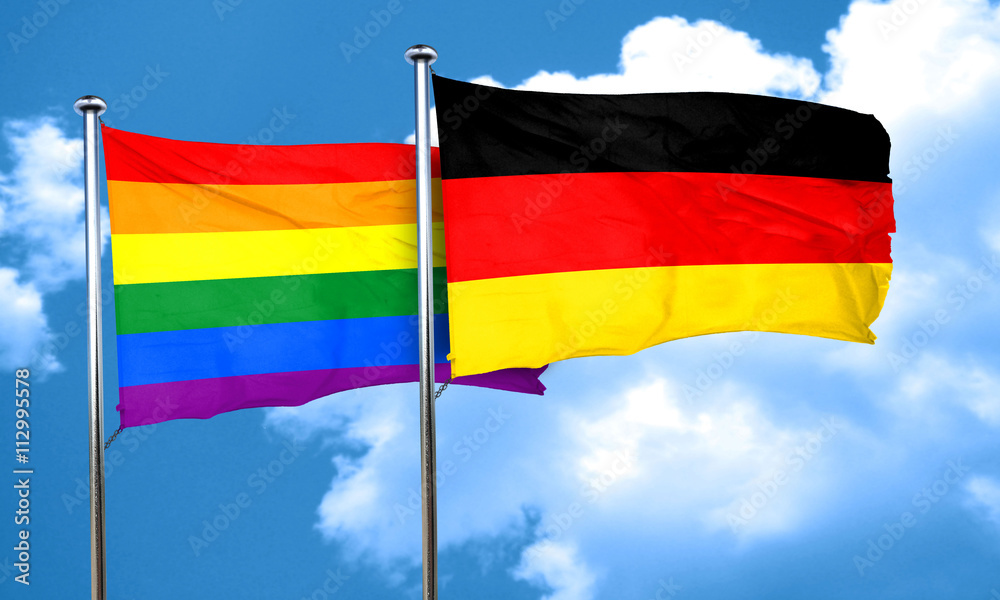 Gay pride flag with Germany flag, 3D rendering Gay pride flag with Germany flag, 3D rendering
