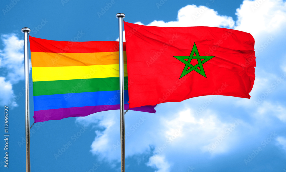 Gay pride flag with Morocco flag, 3D rendering Gay pride flag with Morocco flag, 3D rendering