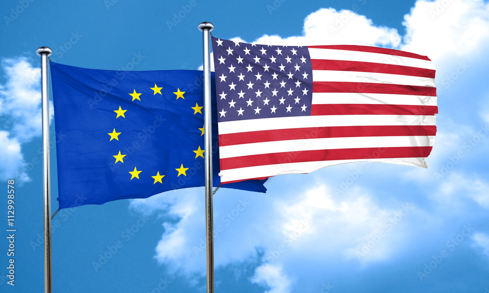 European union flag with American flag, 3D rendering European union flag with American flag, 3D rendering