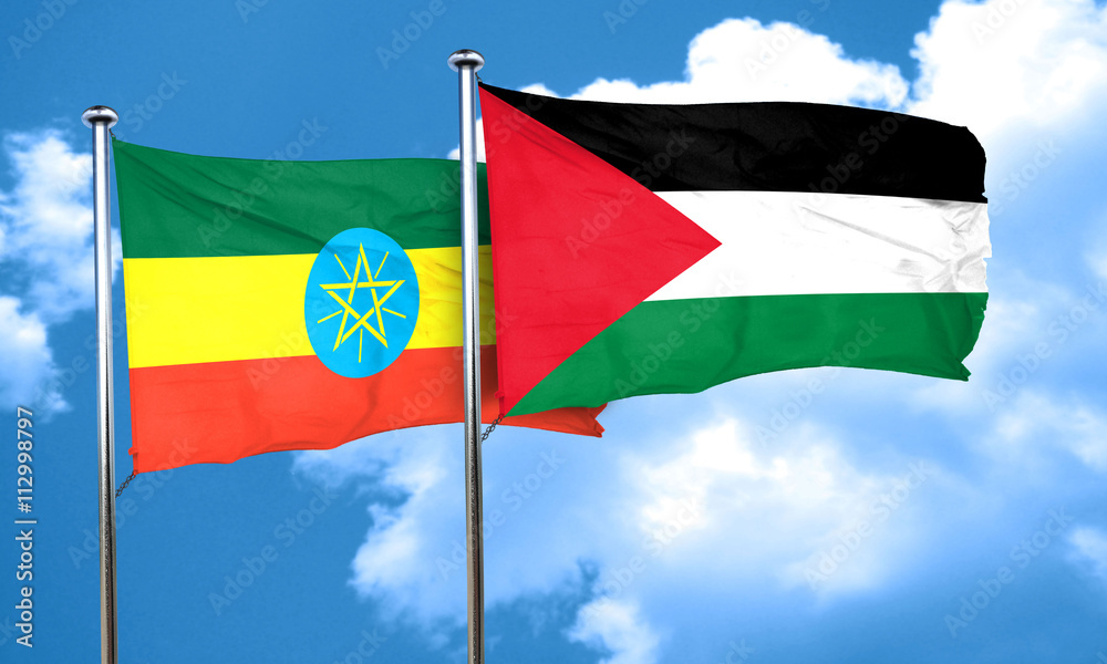 Ethiopia flag with Palestine flag, 3D rendering Ethiopia flag with Palestine flag, 3D rendering