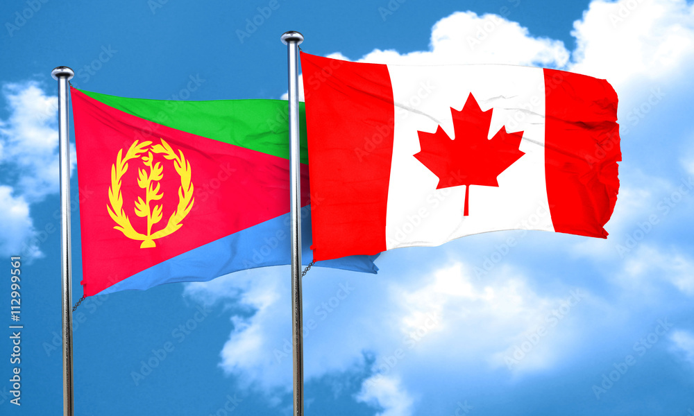 Eritrea flag with Canada flag, 3D rendering Eritrea flag with Canada flag, 3D rendering