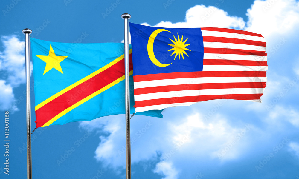 Democratic republic of the congo flag with Malaysia flag, 3D ren Democratic republic of the congo flag with Malaysia flag, 3D ren