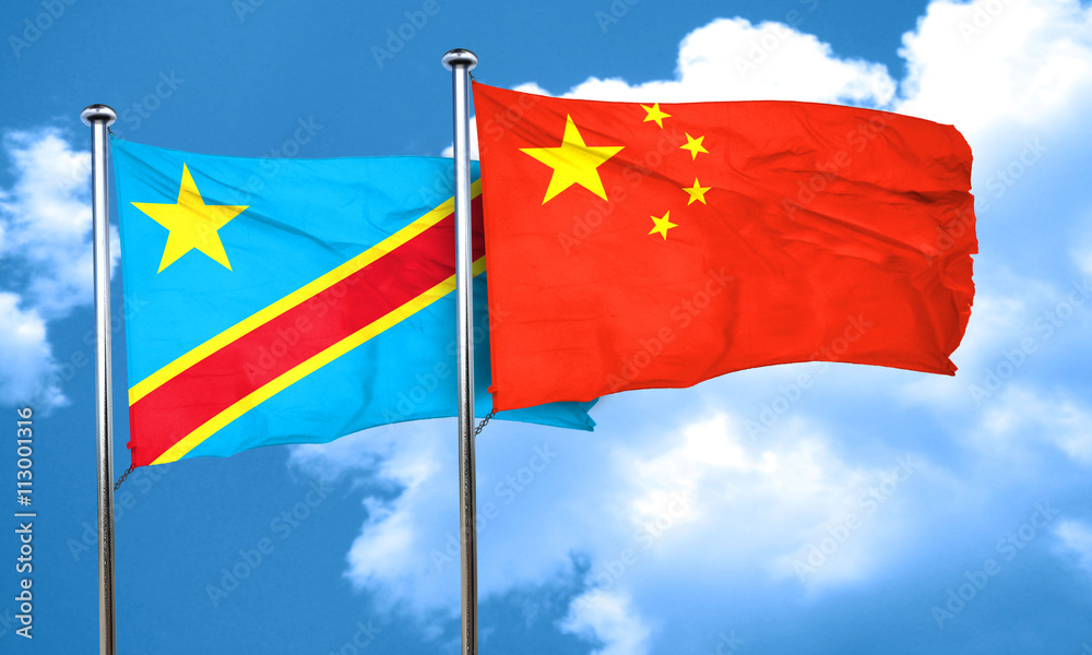 Democratic republic of the congo flag with China flag, 3D render Democratic republic of the congo flag with China flag, 3D render