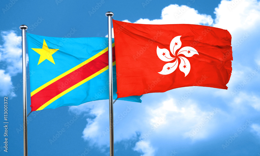 Democratic republic of the congo flag with Hong Kong flag, 3D re Democratic republic of the congo flag with Hong Kong flag, 3D re