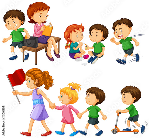 Boy in green shirt doing different activities