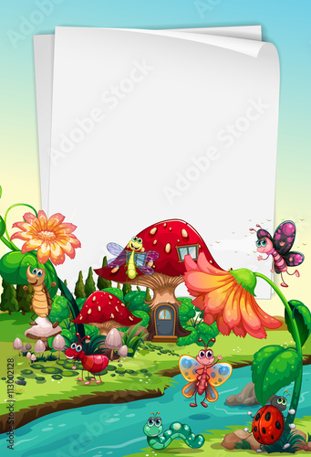 Paper design with insects by the river