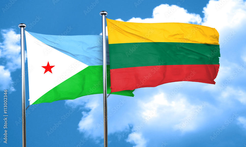 Djibouti flag with Lithuania flag, 3D rendering Djibouti flag with Lithuania flag, 3D rendering