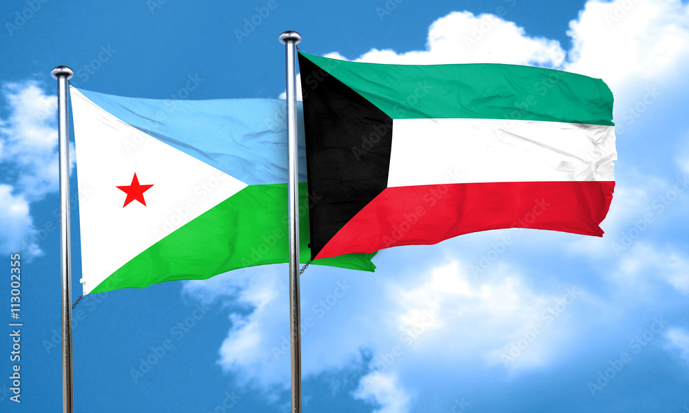Djibouti flag with Kuwait flag, 3D rendering Djibouti flag with Kuwait flag, 3D rendering