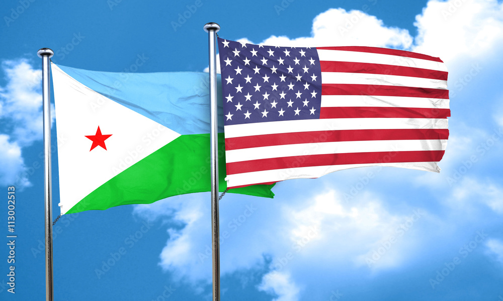 Djibouti flag with American flag, 3D rendering