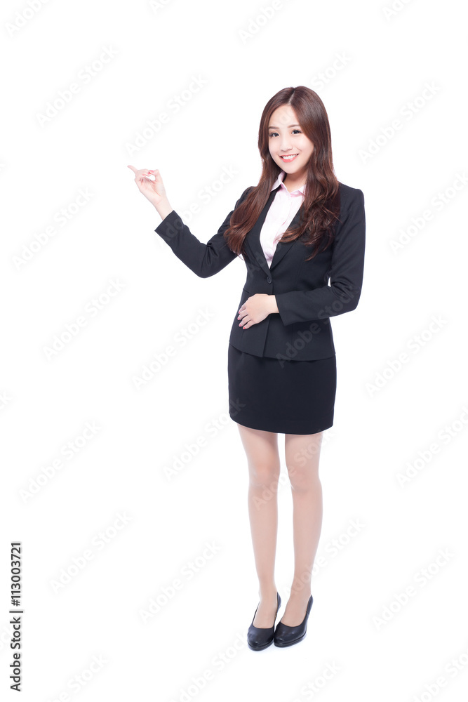 business woman stands pointing something business woman stands pointing something