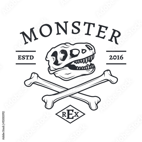 T-rex logo vector. Jurassic dinosaur logotype. Tyrannosaurus dino Vector concept. T-shirt concept. Crossbones crest illustration.