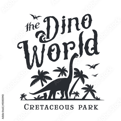 Dino world logo template. Dinosaur park logotype. Diplodoc t-shirt vector design. Jurassic period retro illustration. Lost world insignia concept. Adventure badge