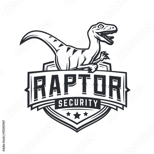 Raptor sport logo mascot design. Vintage college team coat of arms. Military Dino vector logotype template. Airsoft squad t-shirt illustration concept