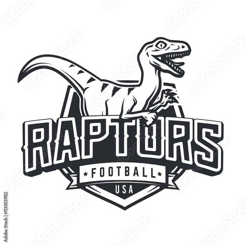 Raptor sport logo mascot design. Vintage college team coat of arms. Dino vector logotype template. Sportswear shop t-shirt illustration concept