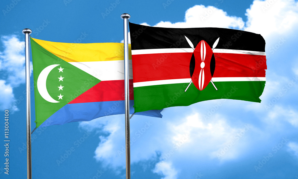 Comoros flag with Kenya flag, 3D rendering Comoros flag with Kenya flag, 3D rendering