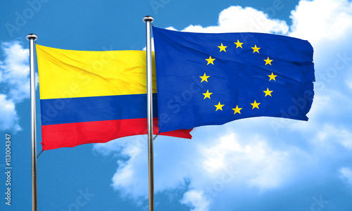 Colombia flag with european union flag, 3D rendering