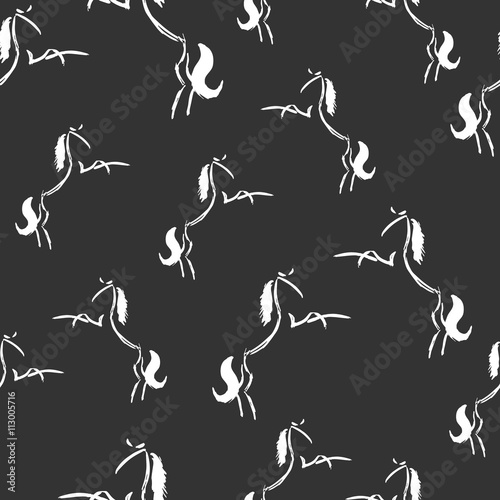 Seamless pattern with rearing stylized freehand horses. Vector illustration. Black and white wallpaper. Artistic grunge ink animal