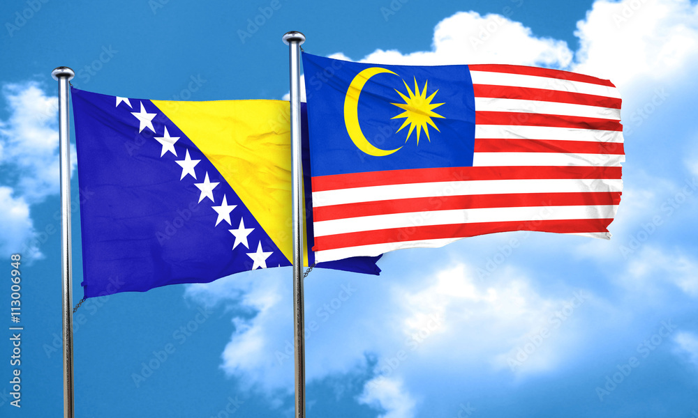 Bosnia and Herzegovina flag with Malaysia flag, 3D rendering Bosnia and Herzegovina flag with Malaysia flag, 3D rendering