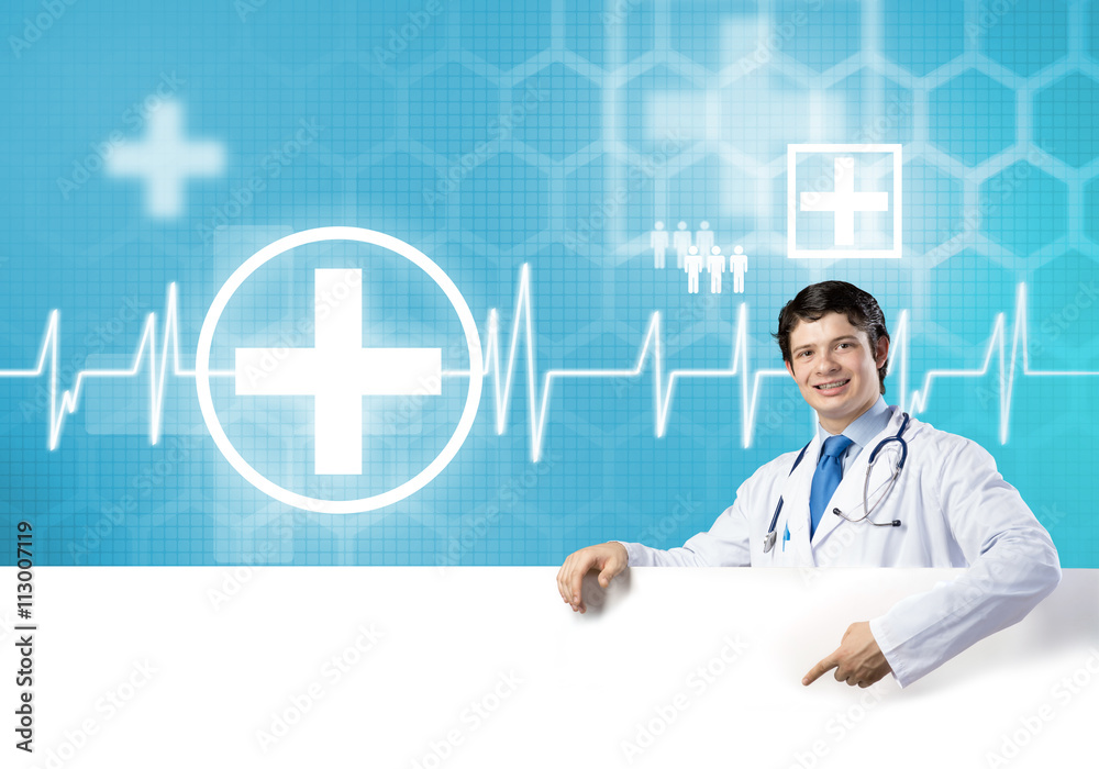 Doctor with banner Doctor with banner