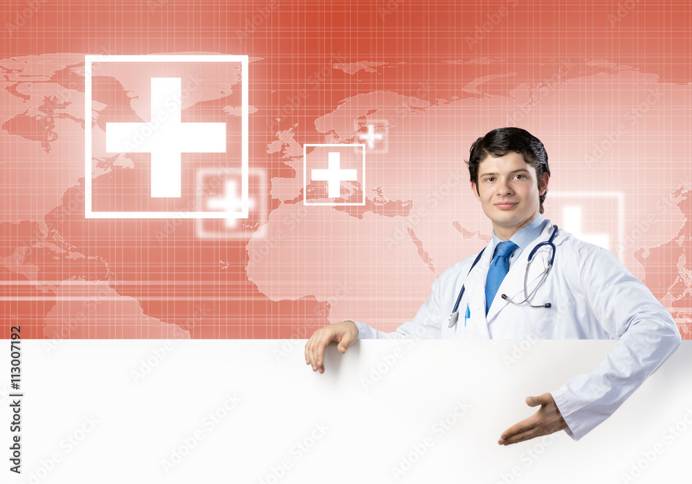Doctor with banner Doctor with banner