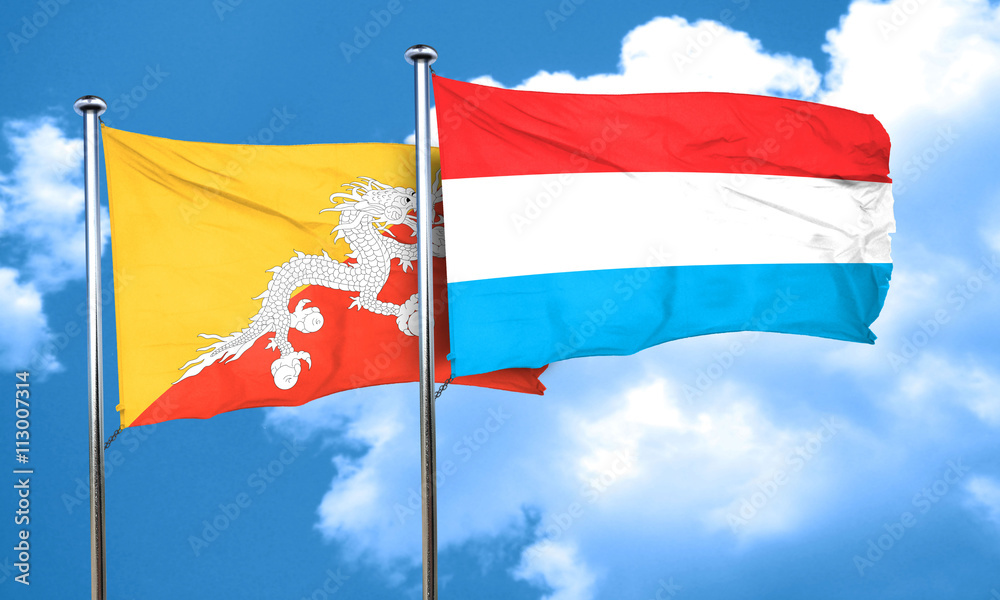 Bhutan flag with Luxembourg flag, 3D rendering Bhutan flag with Luxembourg flag, 3D rendering